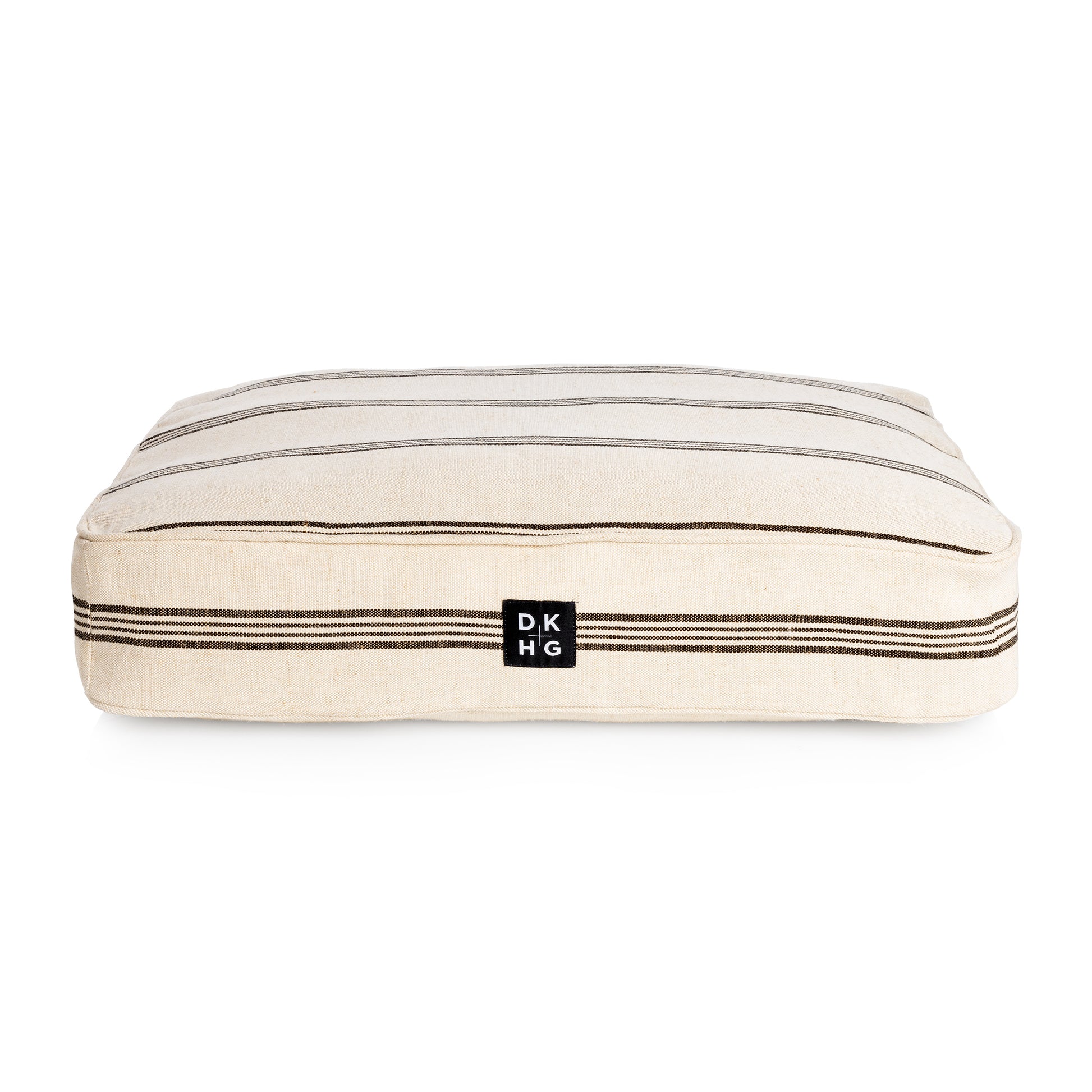 Diane Keaton x Hudson Grace dog bed, rustic French stripes, cotton-blend cover, black and white.