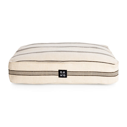 Diane Keaton x Hudson Grace dog bed, rustic French stripes, cotton-blend cover, black and white.