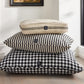 Diane Keaton + Hudson Grace dog beds: black and white gingham, striped, and rustic French striped.