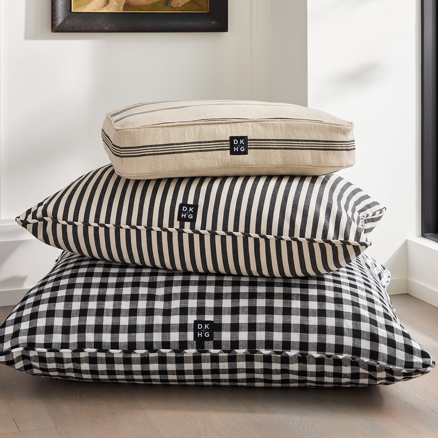 Diane Keaton + Hudson Grace dog beds: black and white gingham, striped, and rustic French striped.