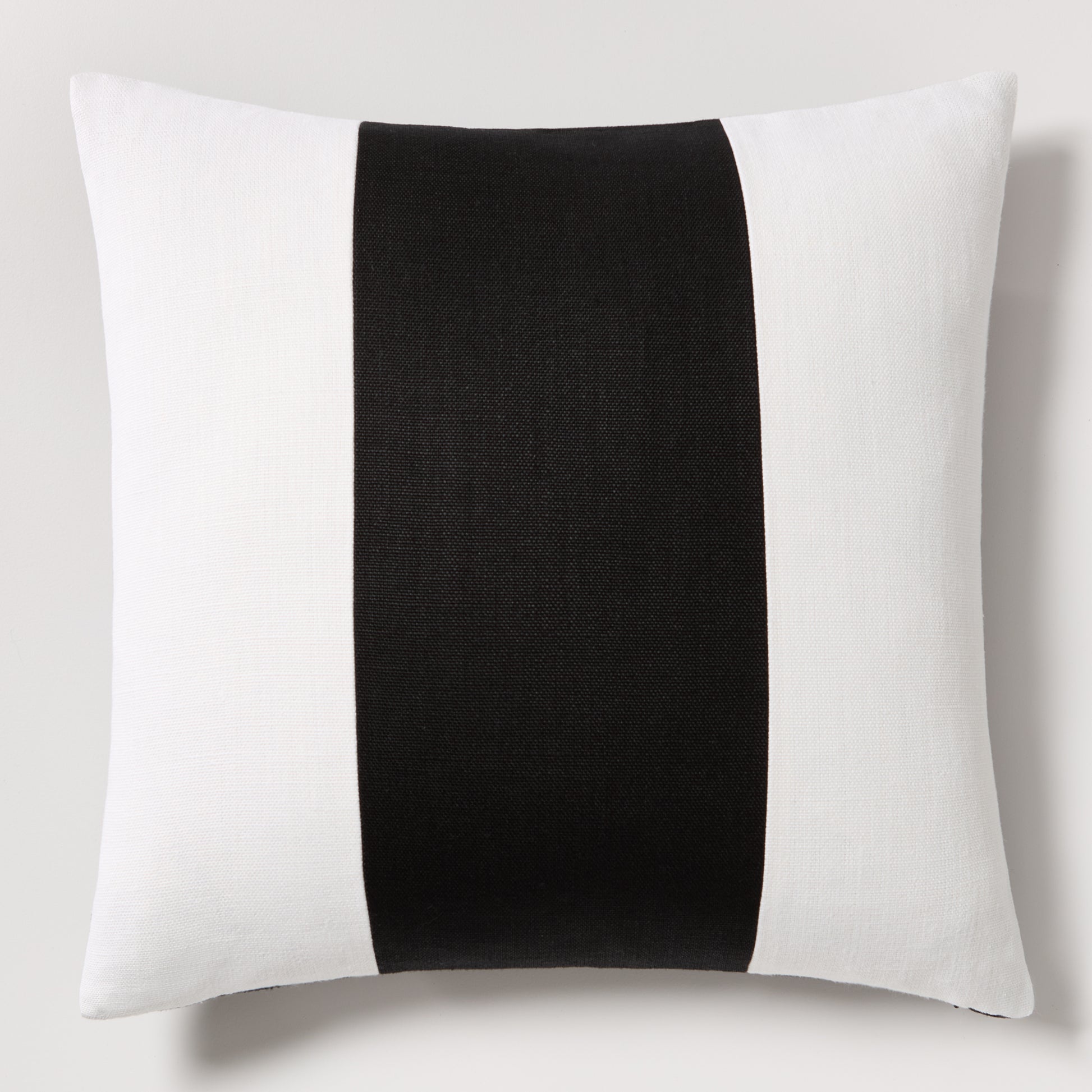 Diane Keaton + Hudson Grace Black Wide Linen Stripe Pillow with white sides and a central black stripe.