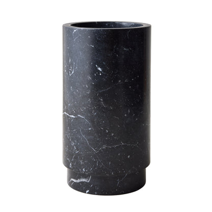 Diane Keaton + Hudson Grace Deco black marble wine chiller, cylindrical with white veining.