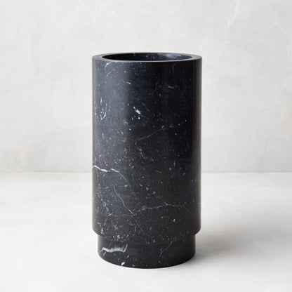 Diane Keaton + Hudson Grace Deco black marble wine chiller, cylindrical with white veining.