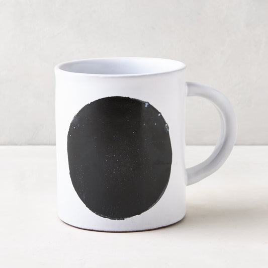 Diane Keaton + Hudson Grace Domino Dot Stoneware Mug, white with a large black circle design.