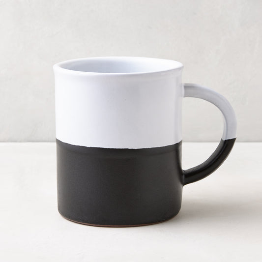 Diane Keaton + Hudson Grace Domino Half-Dipped Stoneware Mug, black and white, modern graphic design.