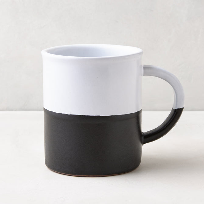 Diane Keaton + Hudson Grace Domino Half-Dipped Stoneware Mug, black and white, modern graphic design.