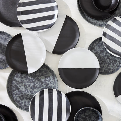 Diane Keaton + Hudson Grace Domino half-dipped stoneware salad plate, black and white, modern graphic design.