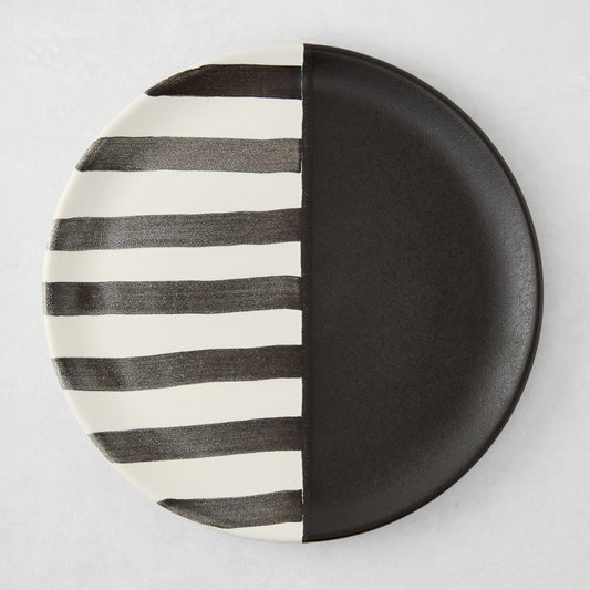 Diane Keaton + Hudson Grace Domino half-stripe salad plate, hand-painted black and white design.