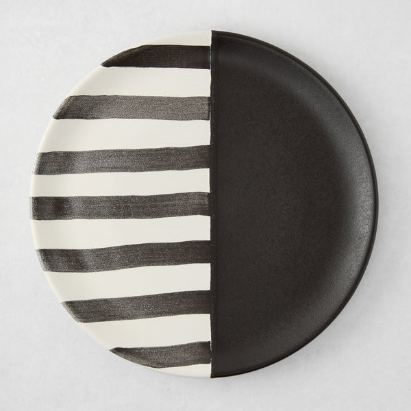 Diane Keaton + Hudson Grace Domino half-stripe salad plate, hand-painted black and white design.