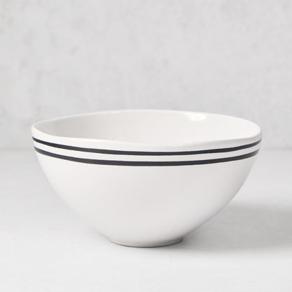 Diane Keaton + Hudson Grace Draft Collection white stoneware bowl with double black stripes.