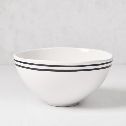 Diane Keaton + Hudson Grace Draft Collection white stoneware bowl with double black stripes.