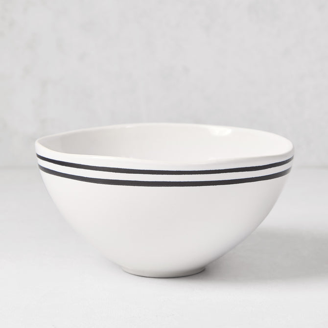 Diane Keaton + Hudson Grace Draft Collection white stoneware bowl with double black stripes.