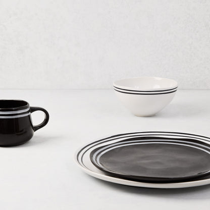 Diane Keaton + Hudson Grace Draft black and white stoneware dinnerware set with double stripes.