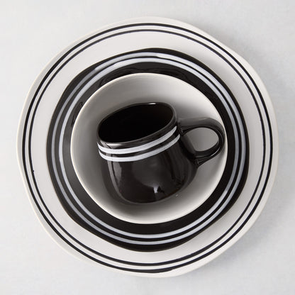 Diane Keaton + Hudson Grace Draft Collection black and white stoneware dinnerware set with double stripes.