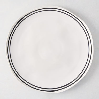 Diane Keaton + Hudson Grace Draft white stoneware dinner plate with hand-painted black double stripes.