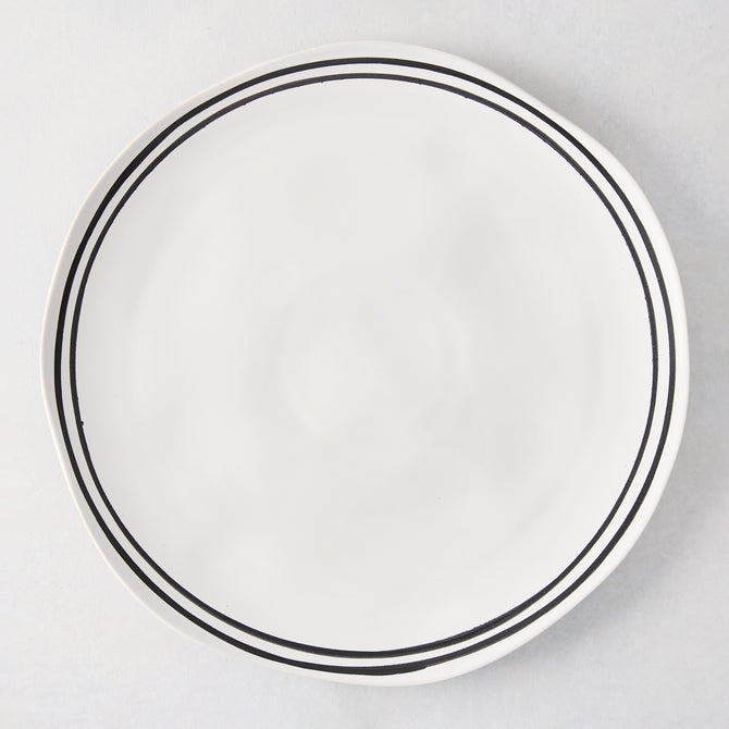 Diane Keaton + Hudson Grace Draft white stoneware dinner plate with hand-painted black double stripes.