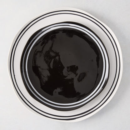 Diane Keaton + Hudson Grace Draft Collection black stoneware salad plate with white double stripe.