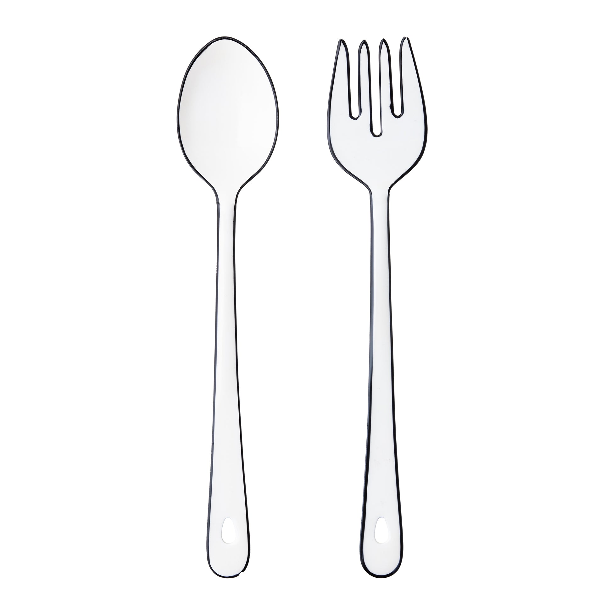 Diane Keaton + Hudson Grace white enamel serving set with black border, spoon and fork.