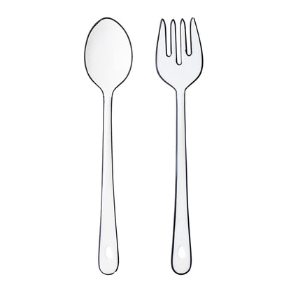 Diane Keaton + Hudson Grace white enamel serving set with black border, spoon and fork.