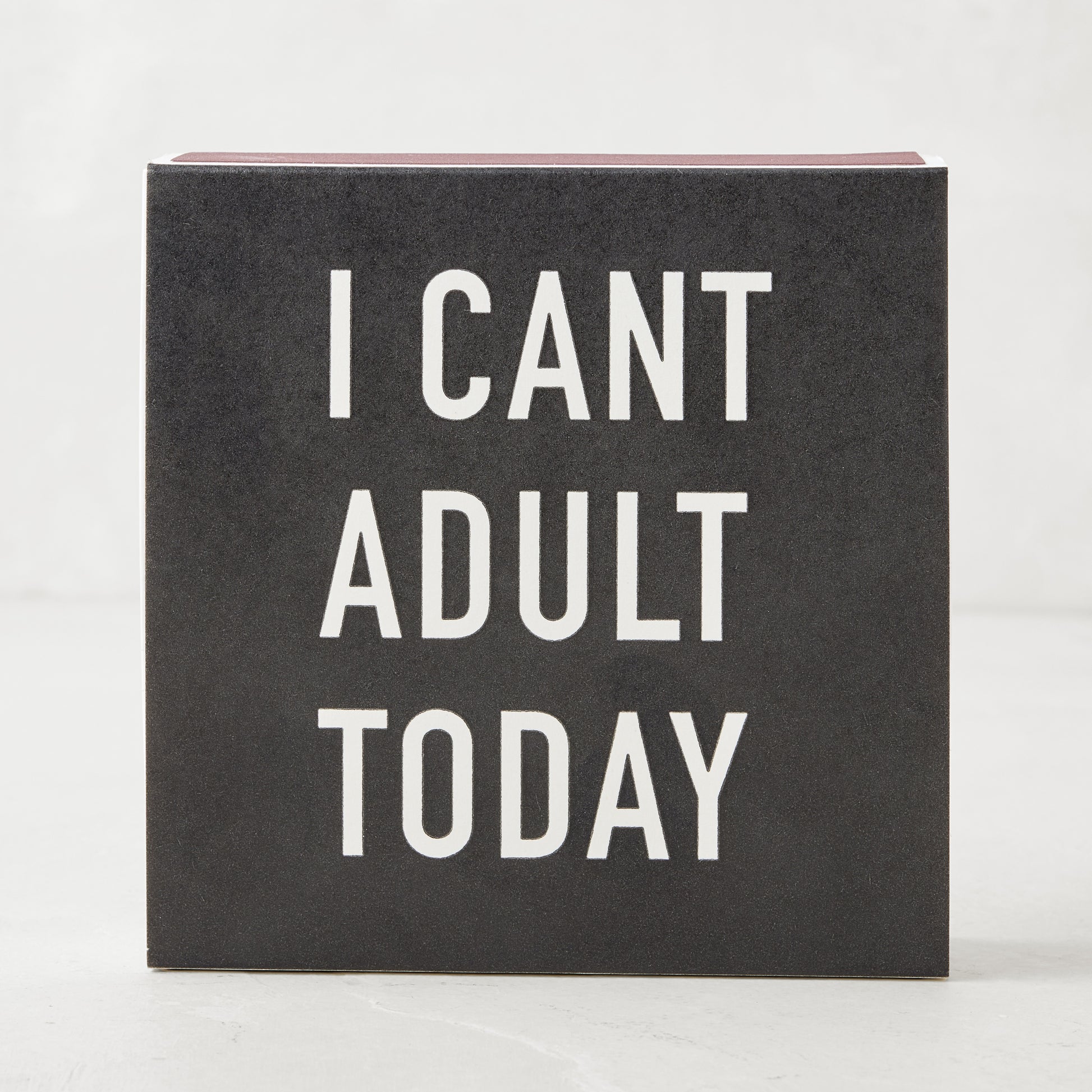 Diane Keaton + Hudson Grace "I Can't Adult Today" oversized black boxed matches with white text.
