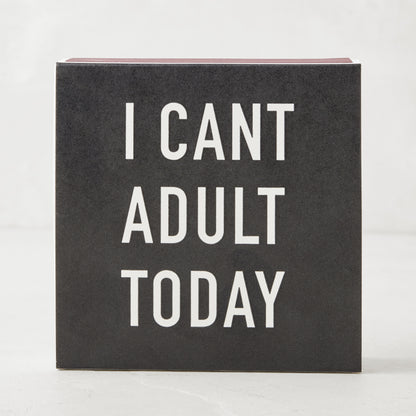 Diane Keaton + Hudson Grace "I Can't Adult Today" oversized black boxed matches with white text.