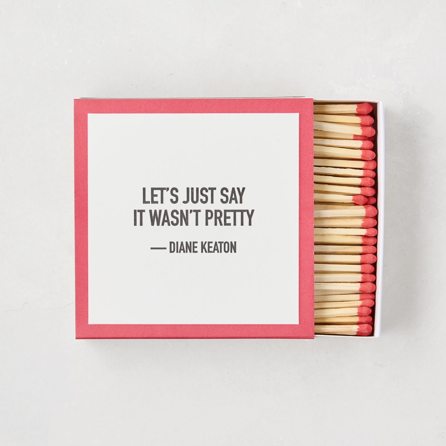 Diane Keaton x Hudson Grace "It Wasn't Pretty" oversized boxed matches with pink tips.