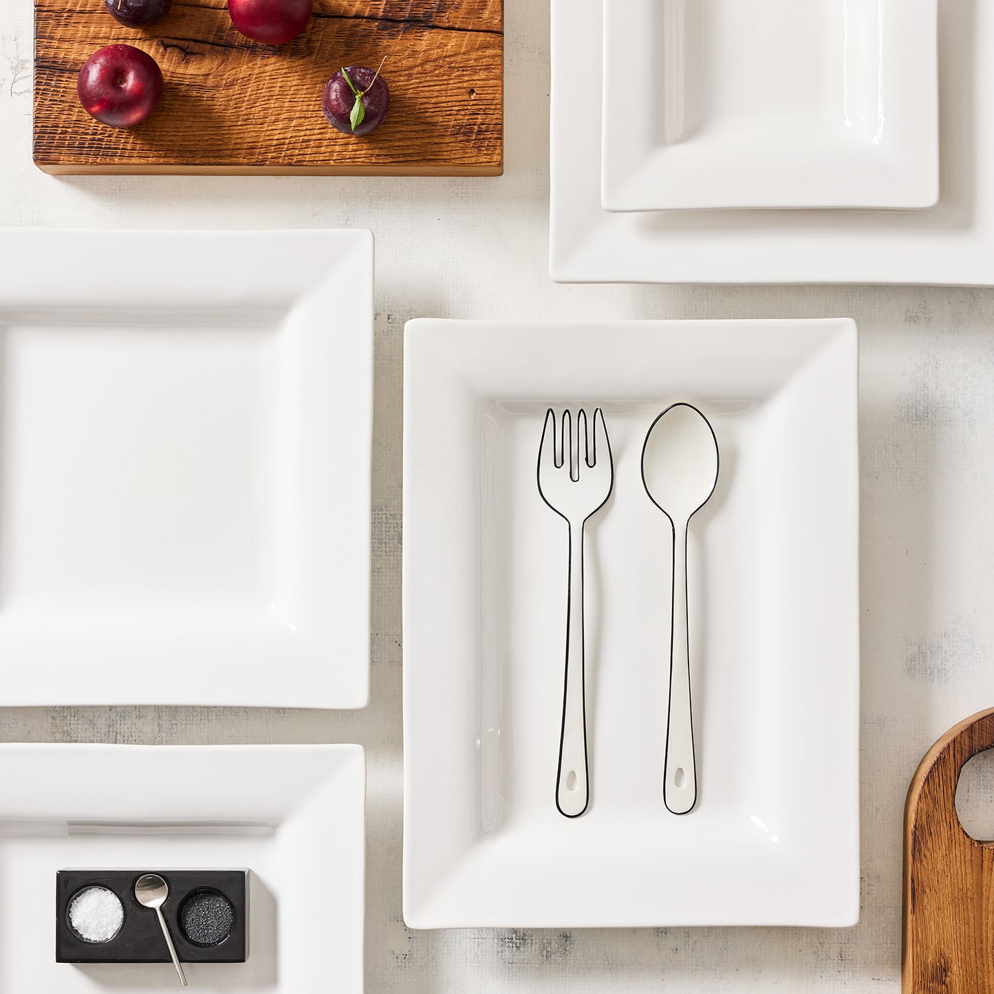 White ceramic "Keaton" small square serving platter with wide border, by Diane Keaton x Hudson Grace.
