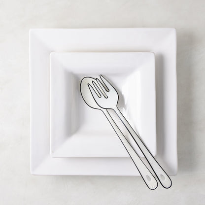Diane Keaton + Hudson Grace "Keaton" small white ceramic square serving platter with serving utensils.