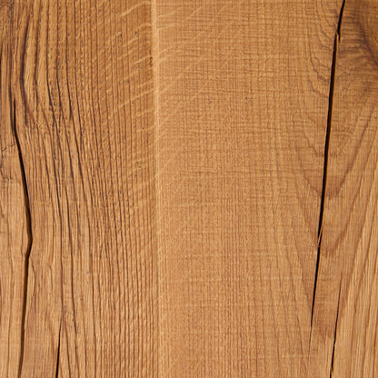 Large oak barnwood serving board with natural wood grain, splits, and texture.