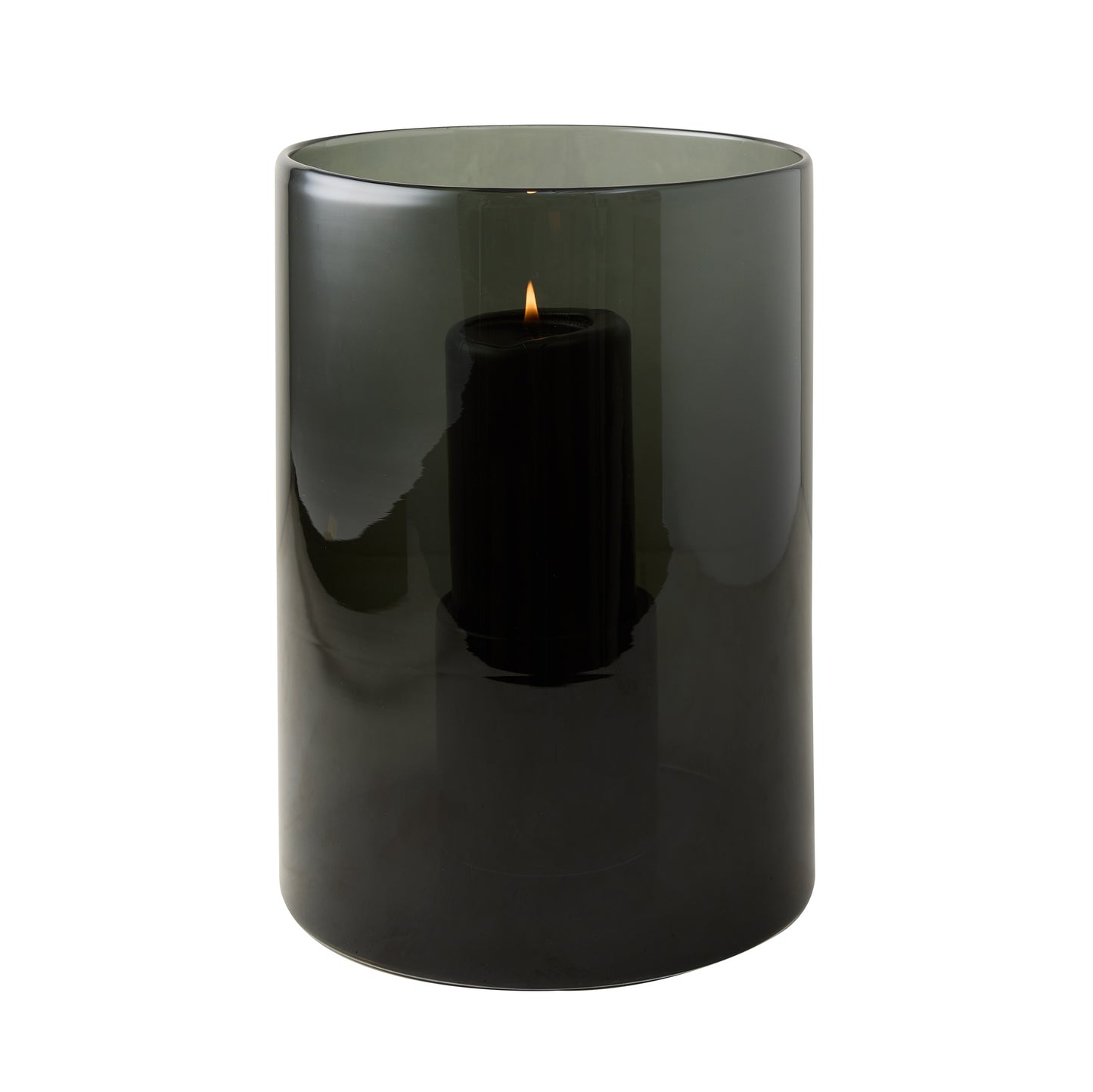 Medium Diane Keaton + Hudson Grace Smoke Grey Glass Hurricane with lit black pillar candle.