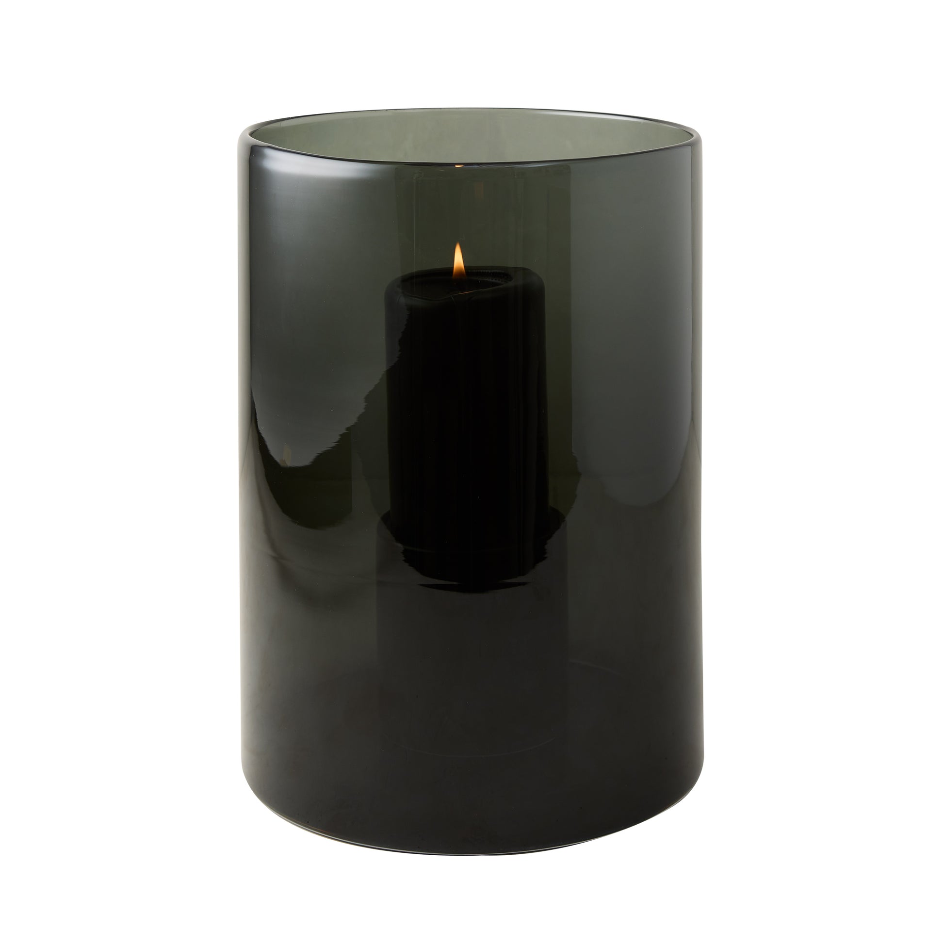 Medium Diane Keaton + Hudson Grace Smoke Grey Glass Hurricane with lit black pillar candle.