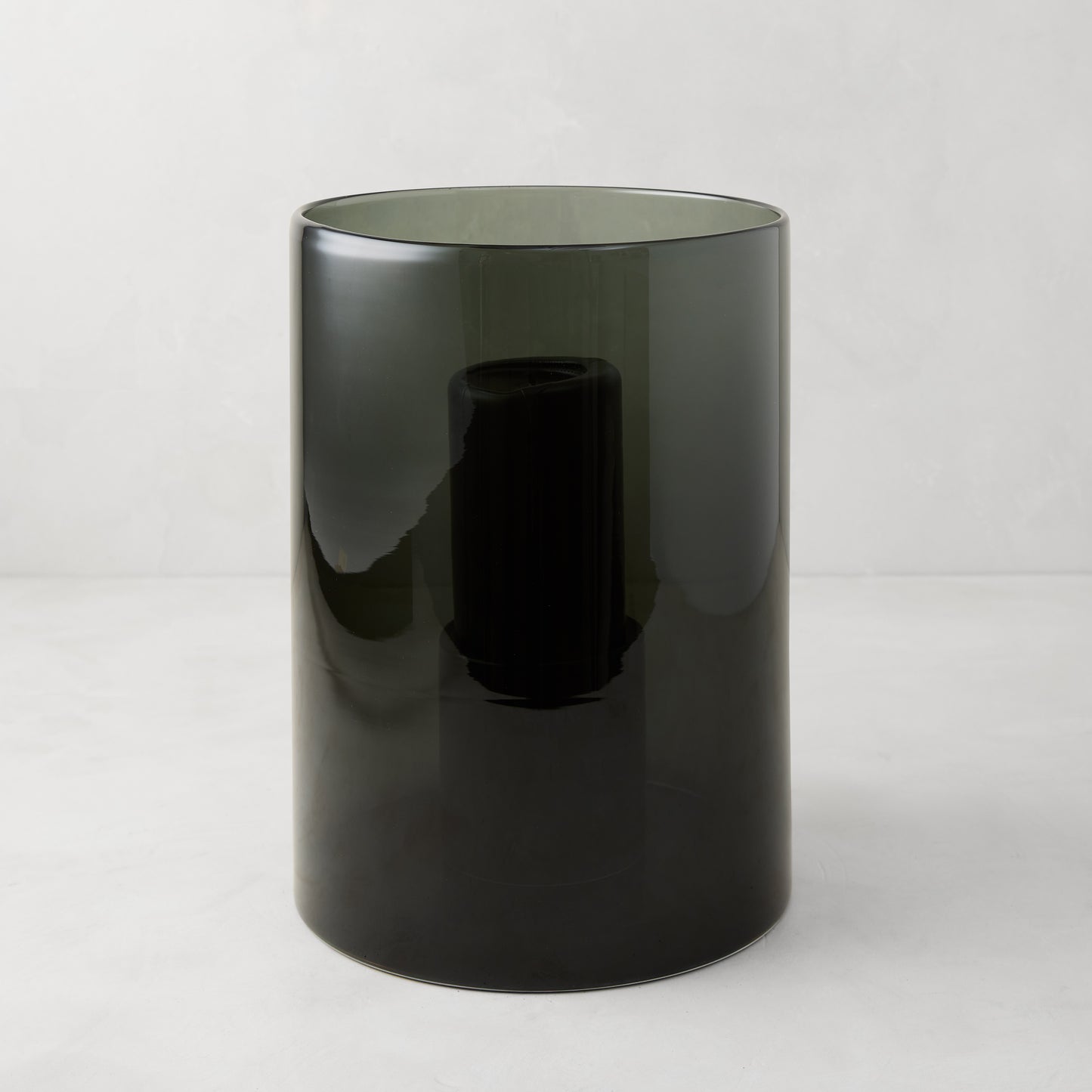 Medium Diane Keaton + Hudson Grace Smoke Grey Glass Hurricane, hand-blown.