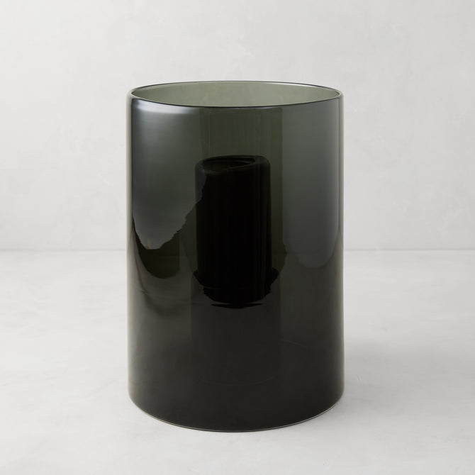 Medium Diane Keaton + Hudson Grace Smoke Grey Glass Hurricane, hand-blown.