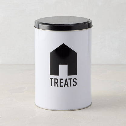 White metal Diane Keaton x Hudson Grace dog treat tin with black lid and DK House Icon.