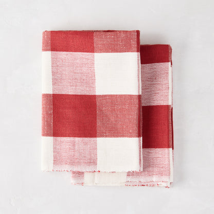 Diane Keaton + Hudson Grace Red Buffalo Check Hand Towels, cotton-linen blend, folded.