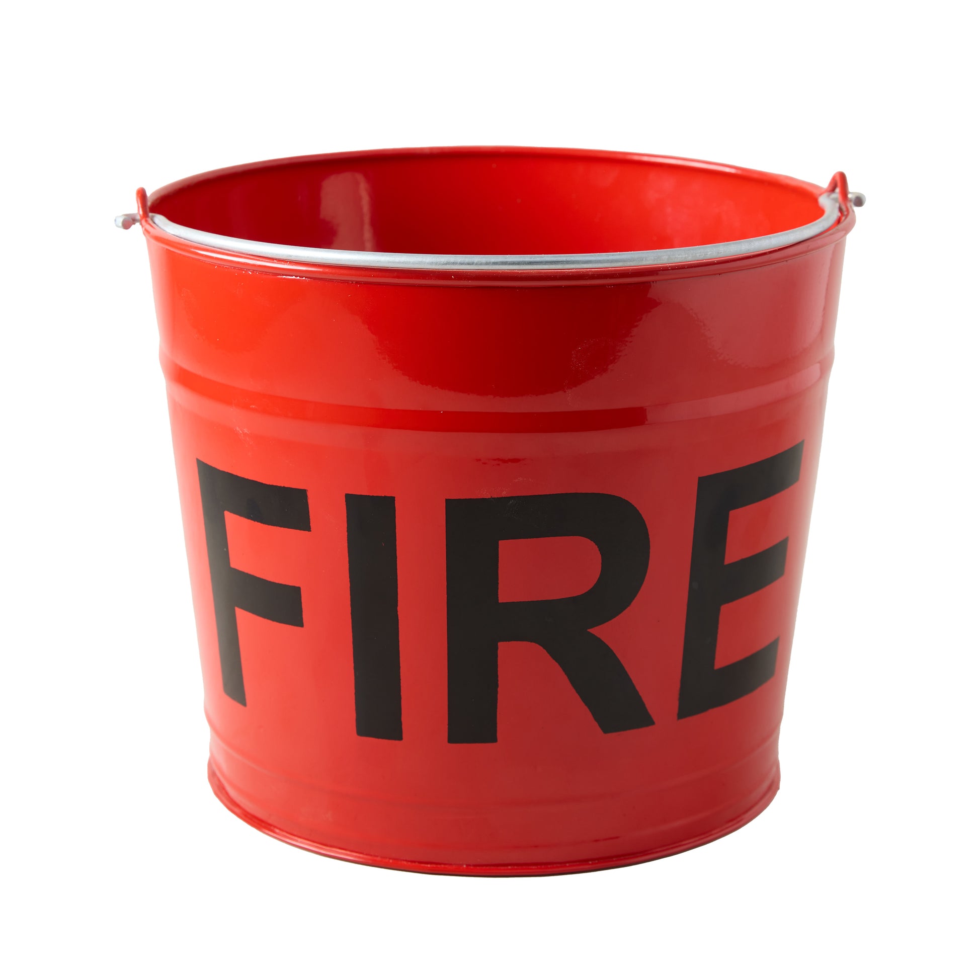 Diane Keaton + Hudson Grace Flame Red Galvanized Steel "FIRE" Bucket with black graphic.