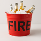 Diane Keaton x Hudson Grace Flame Red Galvanized Steel "Fire" Bucket with ice and beer bottles.