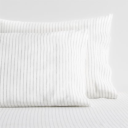 Diane Keaton + Hudson Grace white linen shams with thin black shirting stripes.