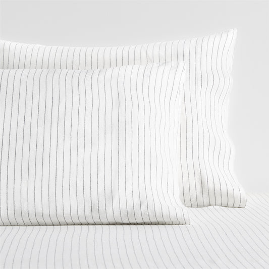 Diane Keaton + Hudson Grace white linen shams with thin black shirting stripes.