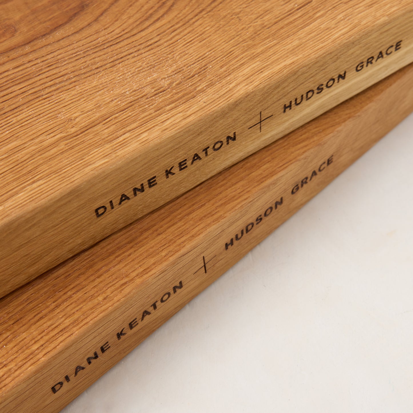 Diane Keaton + Hudson Grace Small Oak Barnwood Serving Board, natural reclaimed wood with engraved branding.