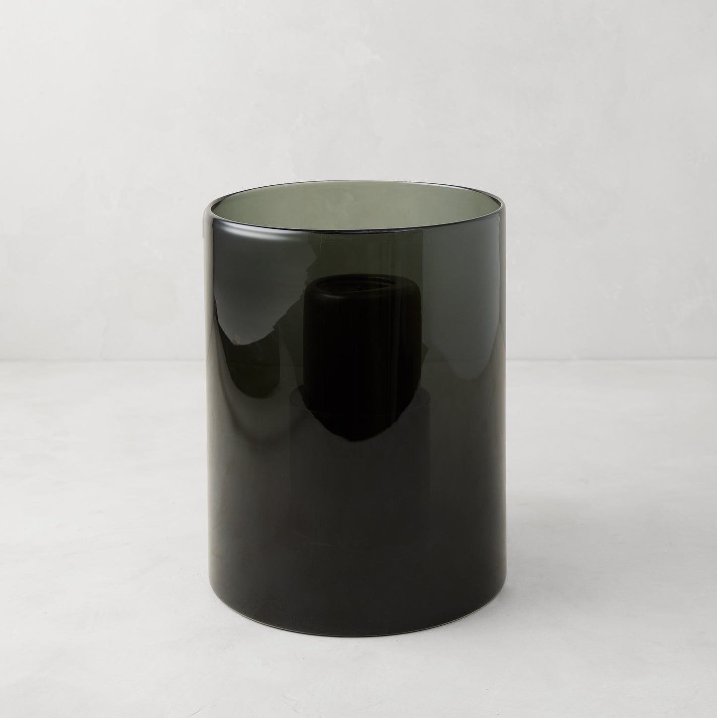 Small smoke grey hand-blown glass hurricane from the Diane Keaton x Hudson Grace Collection.