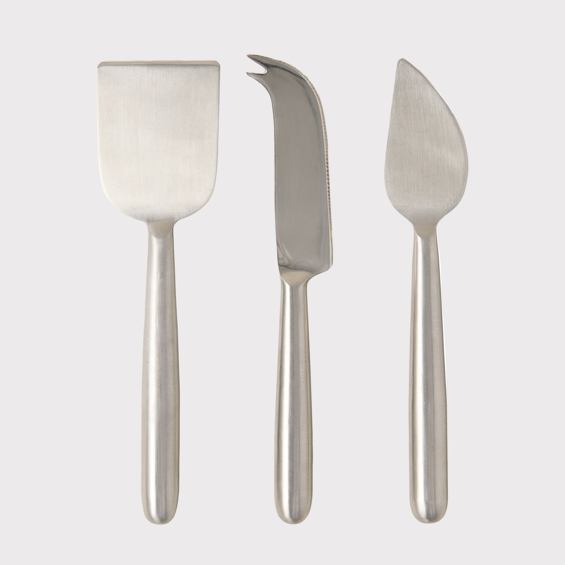 Diane Keaton + Hudson Grace 3-piece stainless steel cheese knife set with hard, soft, and crumbling knives.