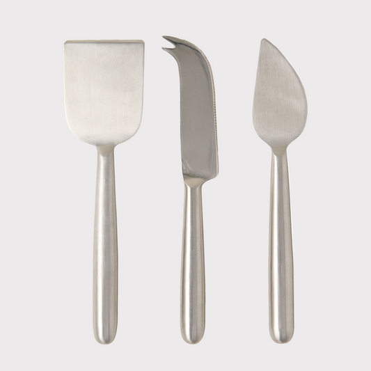Diane Keaton + Hudson Grace 3-piece stainless steel cheese knife set with hard, soft, and crumbling knives.