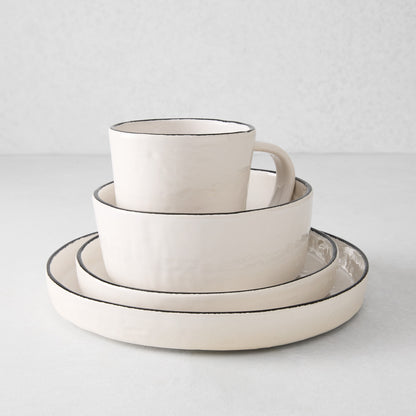 Diane Keaton + Hudson Grace Studio black rim stoneware salad plate, bowl, and mug set.