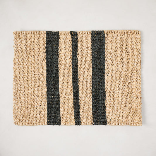 Diane Keaton + Hudson Grace tan and black abaca stripe woven placemat.