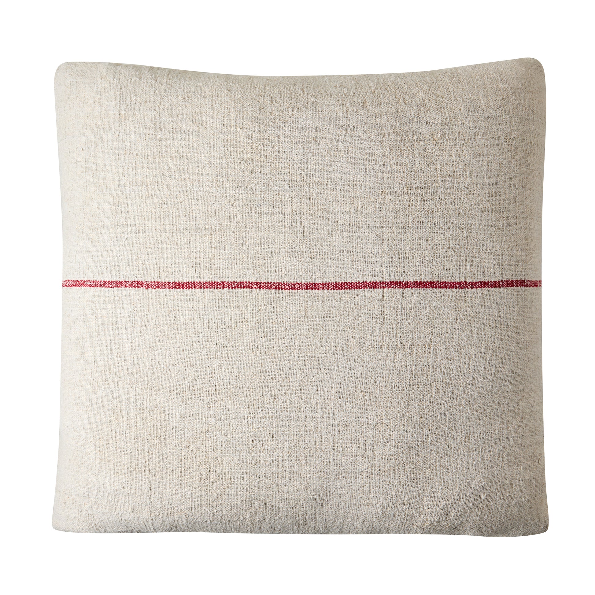 Diane Keaton x Hudson Grace vintage grain sack square pillow, natural linen with single red stripe.
