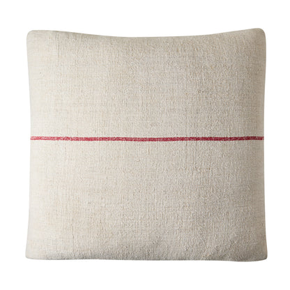 Diane Keaton x Hudson Grace vintage grain sack square pillow, natural linen with single red stripe.