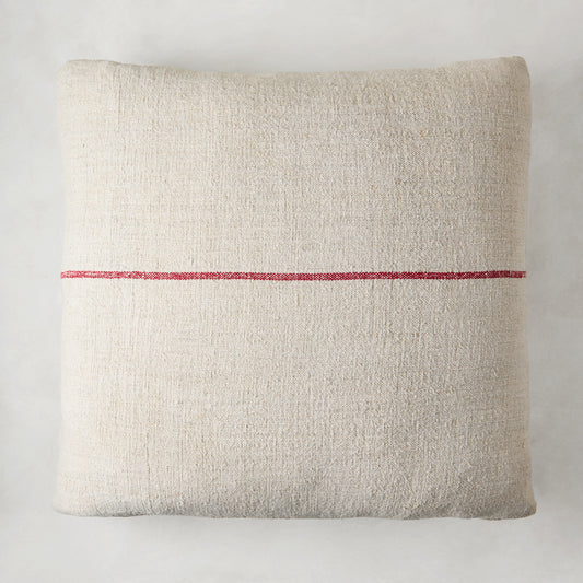 Diane Keaton + Hudson Grace vintage grain sack square pillow, natural linen-cotton with a single red stripe.