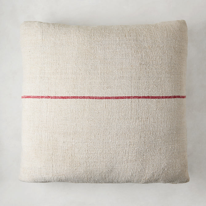 Diane Keaton + Hudson Grace vintage grain sack square pillow, natural linen-cotton with a single red stripe.
