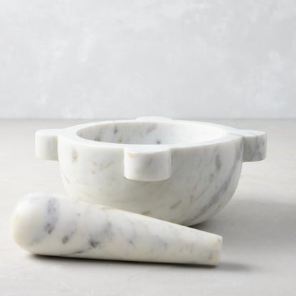 Diane Keaton + Hudson Grace white marble mortar and pestle with natural gray veining.